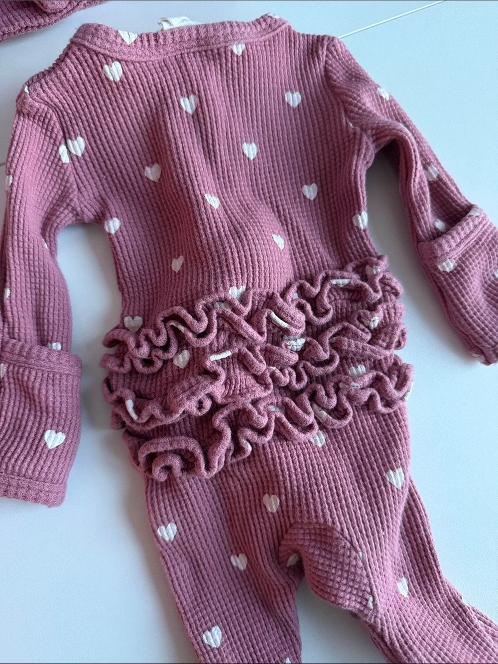 Spearmint Mauve pink Heart-Print Ruffle One-Piece with Headband